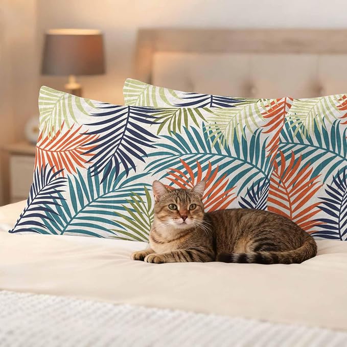 Outdoor Waterproof Throw Pillow Covers, Orange Green Blue Palm Leaves Decorative Pillow Cases, Summer Botanical Tropical Leaf Couch Pillow Protector Patio Sofa Cushion Covers 20"x12" 2 Pack