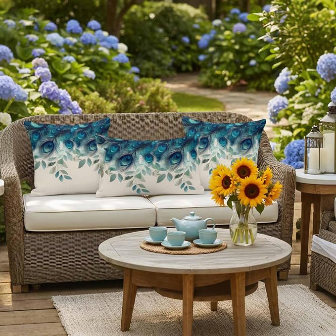 Teal Turquoise Outdoor Pillow Covers 20x12 Inch Lumbar Pillow Covers Set of 2 Waterproof Decorative Throw Pillow Cases Peacock Feathers Aesthetics Eucalyptus Cushion Covers for Patio Furniture Garden