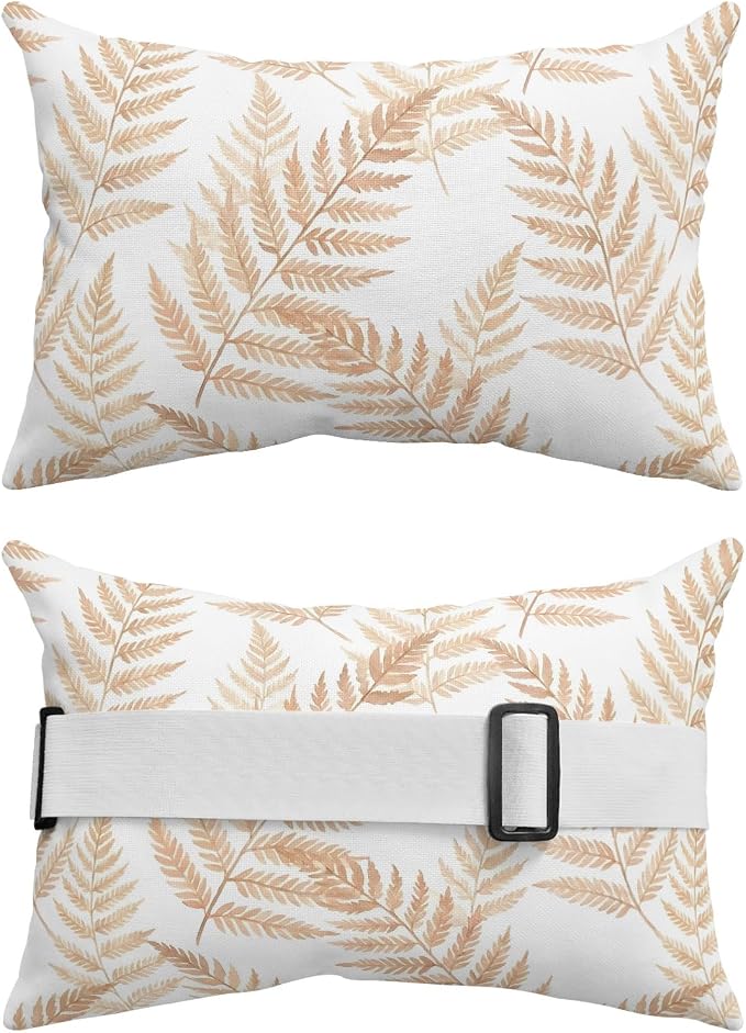 Lumbar Pillow Covers Set of 4, Beige Ferns Waterproof Outdoor Chaise Lounge Pillow Covers with Elastic Strap, Spring Summer Botanical Leaves Headrest Pillowcase for Patio, 11 x 16