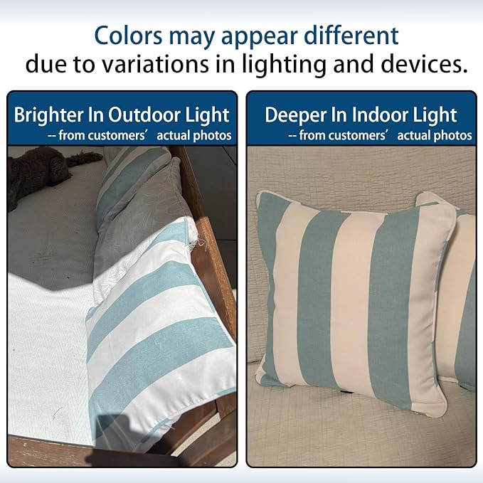 Outdoor Throw Pillow with Insert 18x18 Inch, Set of 2, Piping Edge Waterproof Fade Resistant Decorative Fluffy Pillows for Patio Furniture Chair Bench Couch Sofa - Teal Ivory Striped