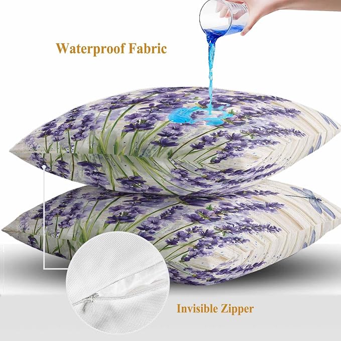 Outdoor Waterproof Throw Pillow Covers Set of 2 Lavender Flower Pillowcases 18x18 Inches Purple Floral Dragonfly Wood Decorative Pillows Cushion Case Patio Pillows for Couch Bed Chair Garden