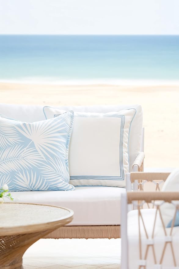 Hofdeco Premium Coastal Hampton Style Patio Indoor Outdoor Pillow Cover Only, 20"x20" Water Resistant for Backyard, Couch, Baby Blue Embroidered Square Line