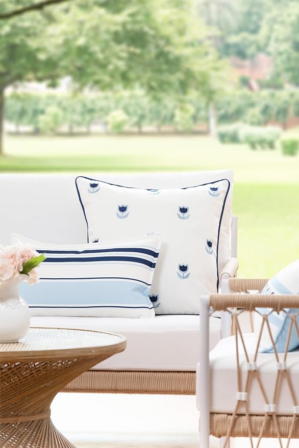 Hofdeco Premium Coastal Patio Indoor Outdoor Throw Pillow Cover Only, 20"x20" Water Repellent for Backyard, Couch, Navy Blue Embroidered Tulips Floral with Piping