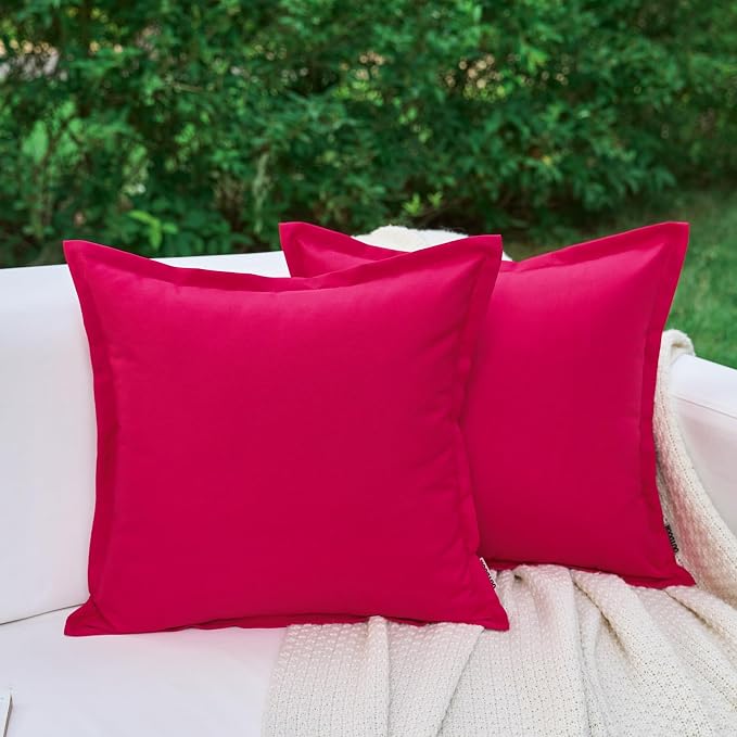 LIGICKY Hot Pink Outdoor Waterproof Pillow Covers 20x20 Inch Pack of 2 Decorative Square Solid Color Pillows with Wide Edge Cushion Cover for Patio Tent Garden Couch Balcony