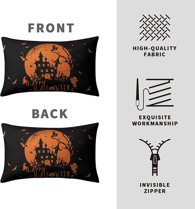 Halloween Lumbar Pillow Covers 12X20 Witch Castle Spider Web Rectangle Pillowcase Set of 2 for Living Room Couch Orange and Black Waist Pillow Covers Halloween Decoration