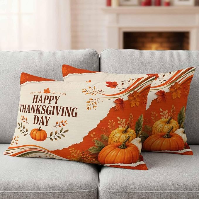 Fall Thanksgiving Waterproof Outdoor Pillow Covers 20''x12'' Set of 2, Maple Leaves Orange Pumpkins Patio Furniture Cushion Covers for Chairs, Decorative Farmhouse Pillow Cases for Garden/Pool/Beach