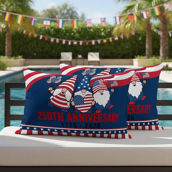 250th Anniversary Outdoor Pillow Covers 20"x12" Set of 2, Patriotic Gnome USA Flag Independence Day Waterproof Throw Pillow Covers for Patio Furniture, Decorative Cushion Covers for Porch