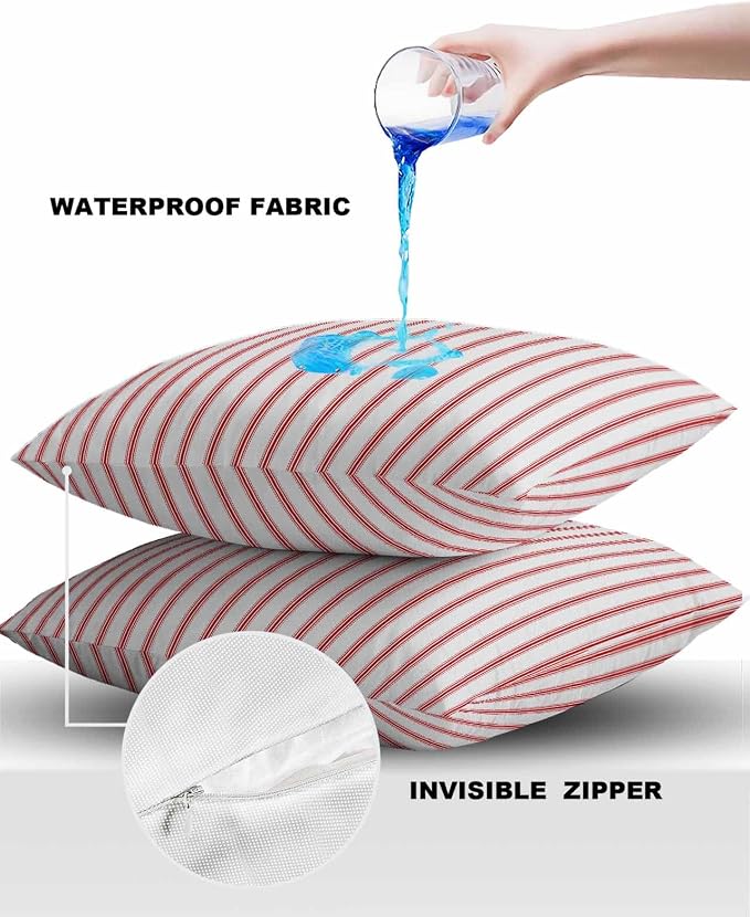 Outdoor Waterproof Throw Pillow Covers Set of 2 Red Stripes Pillowcases 16x16 Inches Red Beige Vertical Striped Patio Decorative Pillows Cushion Case Patio Pillows for Couch Bed Chair Garden