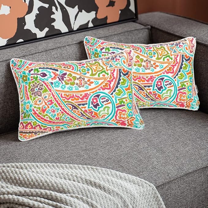 Outdoor Lumbar Pillow Covers 12X20 Inch, No Insert-Melora Paisley | Patio Lumbar Cases Pack of 2, Water-Repellent, Throw Pillowcase for Couch Garden Furniture