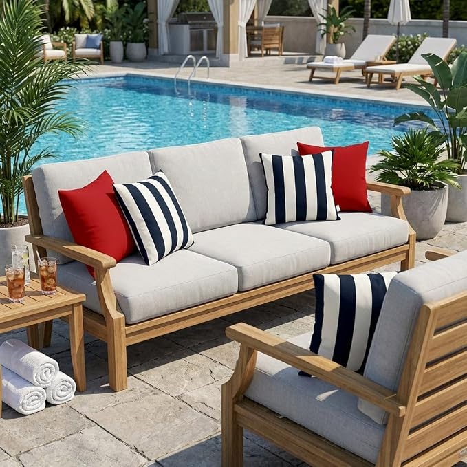 RSH DECOR Square Throw Pillows Set of 4, 17" x 17", Outdoor Pillows Waterproof, Outdoor Pillow Covers, Pillow Covers for Couch, Navy and White Stripe & Solid Red, Made in USA