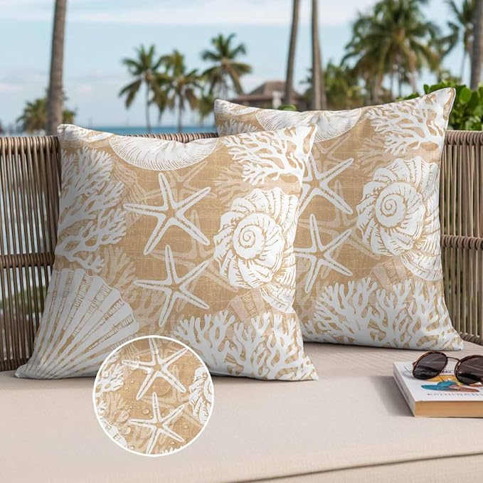 Outdoor Pillow Covers 16x16 Inch Set of 2, Light Brown Starfish Coastal Waterproof Throw Pillow Covers, Summer Coral Shell Beach Nautical Decorative Cushion Pillowcases for Couch Sofa Bed Garden Patio