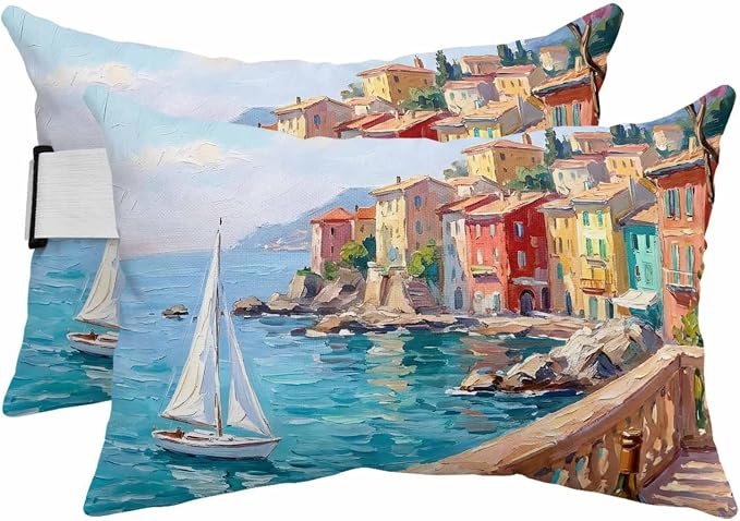 Outdoor Lumbar Pillow Set of 2, Coastal Nautical Waterproof Beach Headrest Pillow with Inserts, Modern Ocean Oil Painting Country Sailboat Recliner Throw Pillows for Patio Furniture, 11 x 16