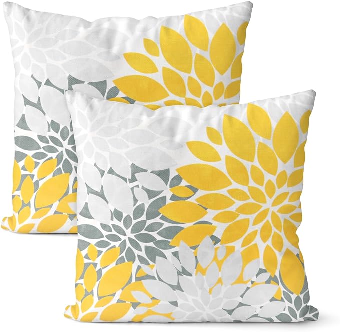 M METERXITY 2-Pack Pillow Cover 20x20 Linen, Yellow Gray | Water Resistant Floral Decor Slipcover, for Patio, Balcony, Garden, Outdoor Pillow Case