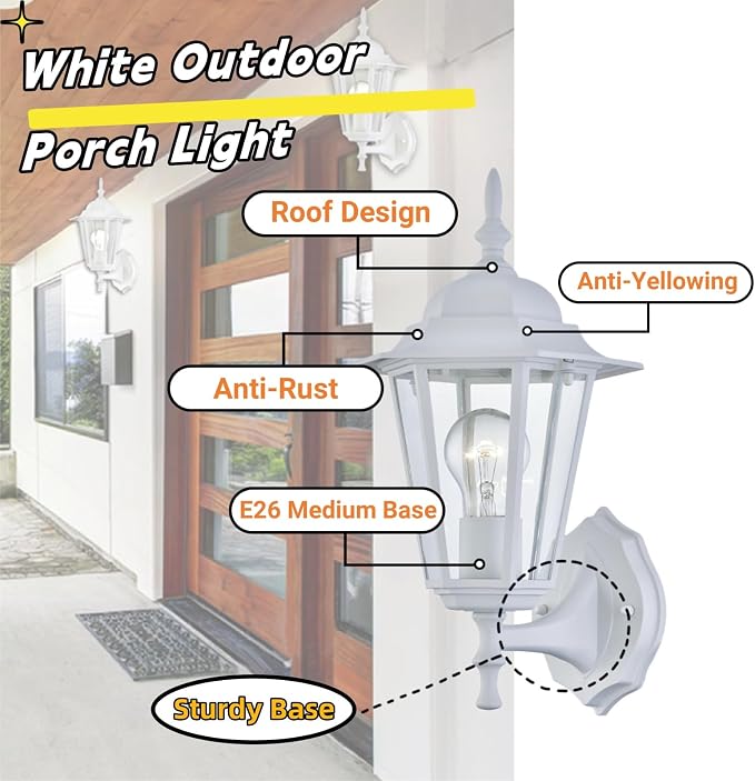 WISBEAM White Outdoor Wall Lantern, Outdoor Wall Sconce for House Porch Lighting Fixture, E26 Base 60W Max, Metal Housing Plus Glass, Wet Location Rated, ETL Qualified, Bulbs not Included