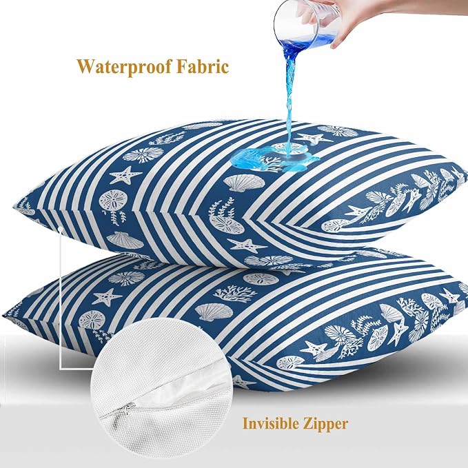 Striped Outdoor Waterproof Throw Pillow Covers Set of 2, 20"x20", Ocean Navy Blue Starfish Shell Jellyfish Coral Decorative Pillow Covers Outside Cushion Case for Patio Porch Garden