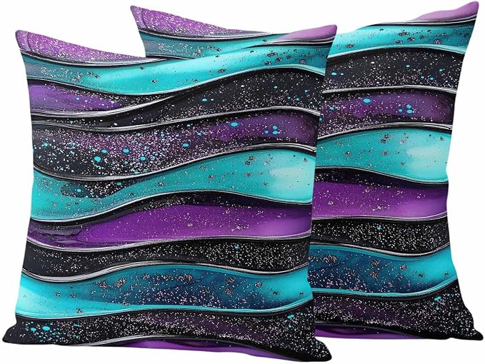 JasmineM Outdoor Pillow Cover 16x16 Inches Set of 2 Abstract Purple Teal Wave Waterproof Throw Pillow Covers Modern Black Strips Decorative Pillowcases Garden Cushion Case for Patio Couch Sofa