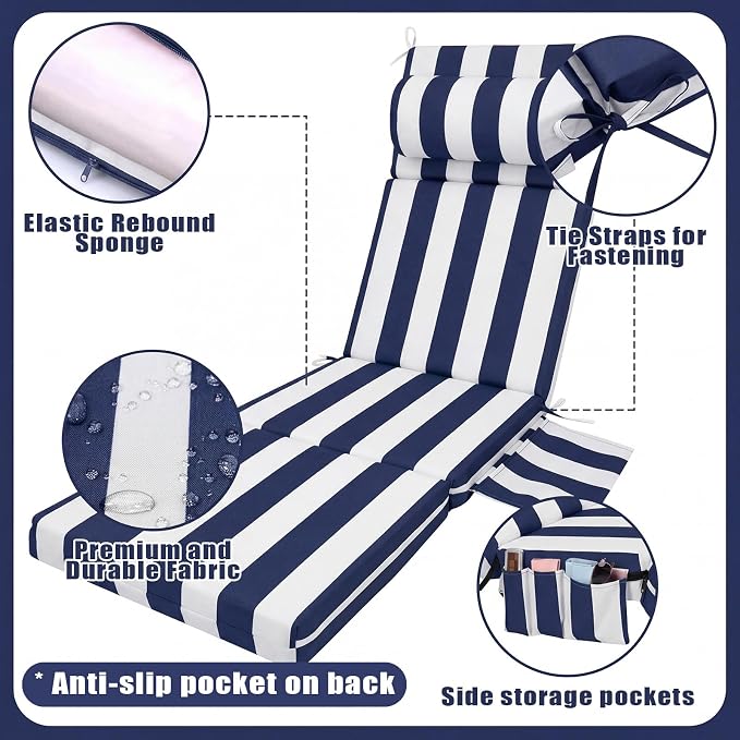 RattanView 1 Pcs Outdoor Chaise Lounge Cushion with Pillow and Side Pockets Waterproof Lounge Chair Cushion for Outdoor Furniture Patio Lounger Pad for Outside Pool Lawn (Navy Blue White,72 x 21 x 4)