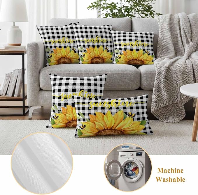 Farm Outdoor Throw Pillow Cover Watercolor Sunflowers Honeybee Waterproof Cushion Covers 2 Pack Yellow Flower Black White Plaid Pillow Cases Home Decoration for Patio Garden Couch Sofa 16x16In