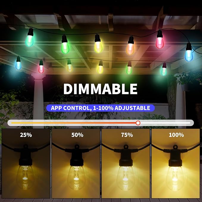 CAWWS Outdoor String Lights 75FT, Color Changing Patio Lights, Waterproof | 30 Shatterproof LED Bulbs, Multicolor & Warm White, Dimmable, IP67 Waterproof, APP & Remote, Custom Colors, 24V Low Voltage