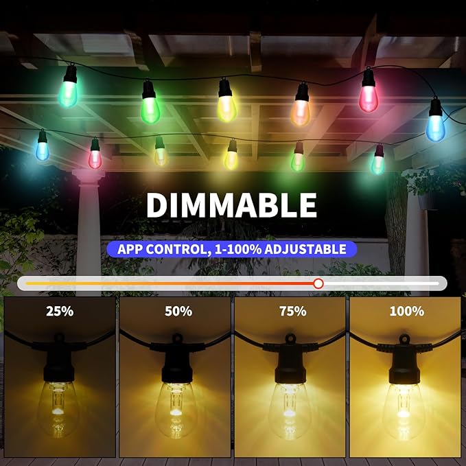 CAWWS Outdoor String Lights 50FT, Color Changing Patio Lights, Waterproof | 20 Shatterproof LED Bulbs, Multicolor & Warm White, Dimmable, IP67 Waterproof, APP & Remote, Custom Colors, 24V Low Voltage