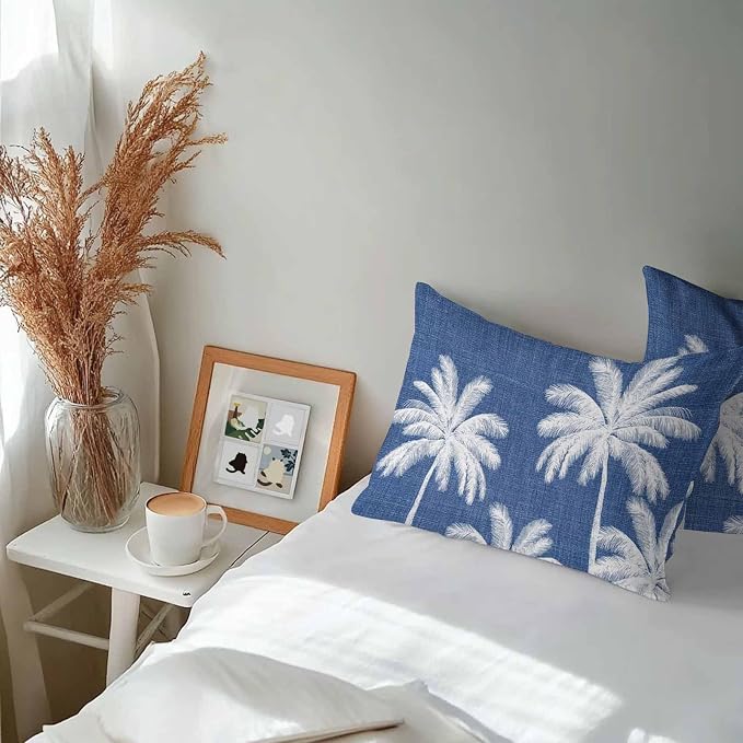 Lumbar Pillow Covers 20x12 Inch Set of 2, Navy Blue Palm Trees Waterproof Outdoor Pillow Covers, Farmhouse Tropical Summer Beach Decorative Cushion Pillowcases for Couch, Sofa, Bed, Garden, Patio