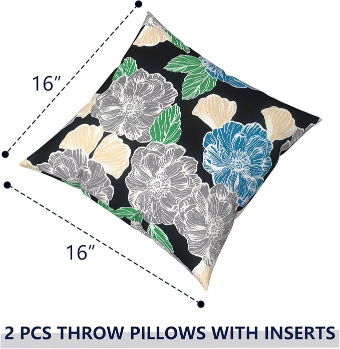 Outdoor Pillows with Insert 16x16 Inch, Waterproof Throw Pillow for Patio Furniture, Decorative Back Cushion for Garden Home Sofa Office Chair, Set of 2, Peony Garden