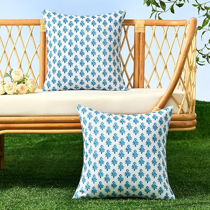 Outdoor Pillow Covers 16x16 Set of 2 Boho Blue Floral Accent Print Decorative Throw Pillow Cases for Outdoor Waterproof Patio Furniture Garden Porch Sofa Bed Cushion Covers Home Decor JB005-B16