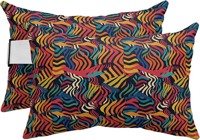 Outdoor Pillows Covers with Inserts Red Blue Abstract Stripes Lines Texture Waterproof Recliner Pillow with Adjustable Strap Throw Pillows for Patio Furniture Pool Lounge Chair, 11x16 inch, 2PCS