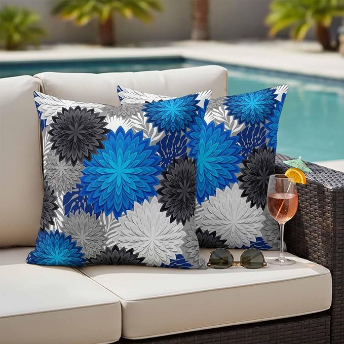Blue Black Grey Flowers Outdoor Pillow Covers Waterproof, All Weather Cushion Case Set of 2, Boho Colorful Floral Plant Decorative Pillowcases for Sofa Couch Bed Decor Patio Furniture 16"x16"