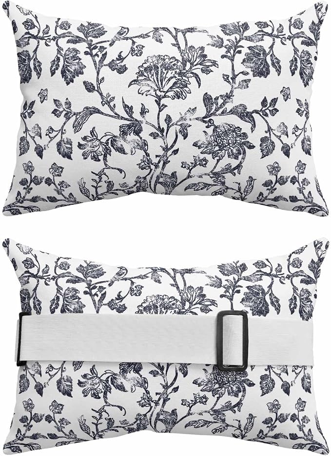 Pack of 4 Outdoor Lumbar Pillow Covers 12x20 Inch, Dark Blue Flowers Waterproof Throw Pillow Covers Set, Pastoral Vintage Farmhouse Leaf Spring Indoor&Outdoor Cushion Cases for Patio Porch Beach