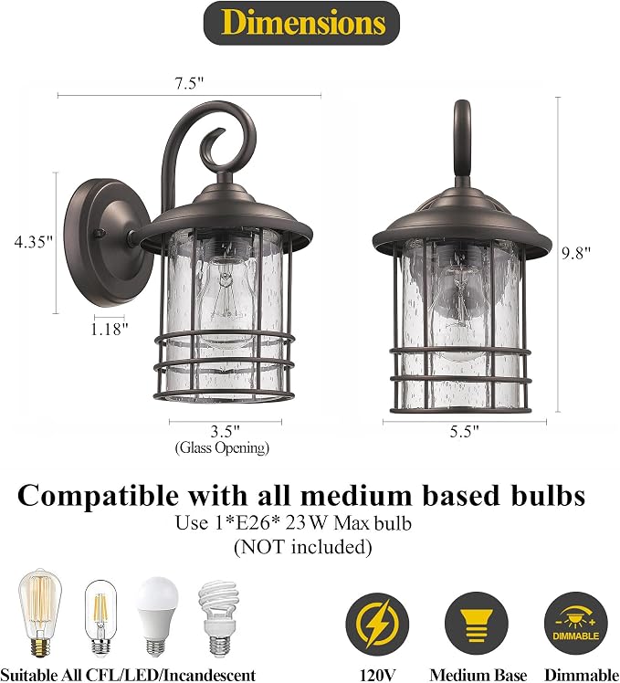 MICSIU Narrow 5.5" Wide Bronze Porch Light 1 Pack, H9.8 Vintage Farmhouse | Metal Round WaterProof Outdoor Wall Sconce, Seedy Glass Outside Fixture For Small Sidelight, Front Door, Garage