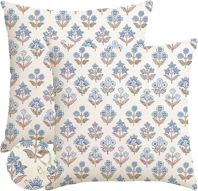 RABUSOFA Blue Floral Pillow Covers 18x18 Inch Set of 2 Outdoor Waterproof Decorative Throw Pillows for Home Spring Summer Decor Couch Patio Funiture Garden Vintage Flower