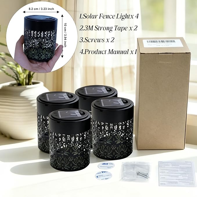 4 Pack Solar Fence Lights Outdoor, Decorative Solar Wall Lights with Peony Pattern, IP65 Waterproof LED Wall Sconce Lantern for Garden Yard Fence Decor, Patio Pathway, Gift for Women Mom