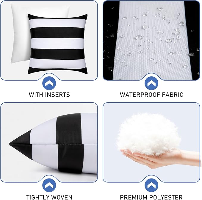 18x18 Waterproof Outdoor Pillows, Set of 2 Outdoor Throw Pillows | Patio Furniture Pillows, Fluffy Decorative Pillows, Waterproof &Fade Resistant, Removable & Washable, Black and White