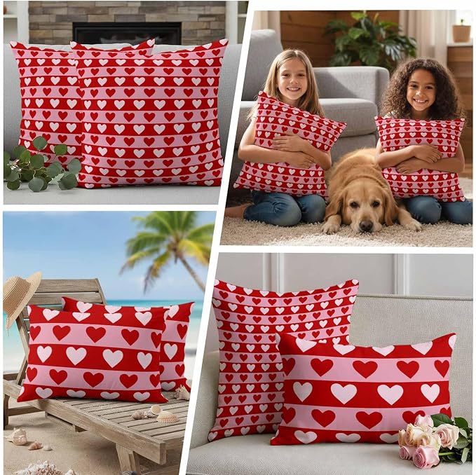Outdoor Waterproof Throw Pillow Covers, Valentine's Day Decorative Pillow Cases, Romantic Pink Red Love Heart Stripes Couch Pillow Protector Patio Sofa Cushion Covers Replacement 24"x24" 2 Pack