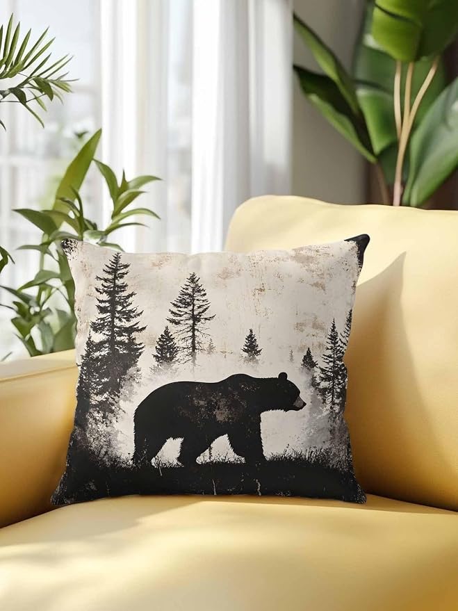 Outdoor Waterproof Throw Pillows Forest Brown Bear Silhouette Patio Pillows,Decorative Pillow Covers with Insert,Pillow Cushion Case for Garden Couch Sofa Minimalist Modern Art