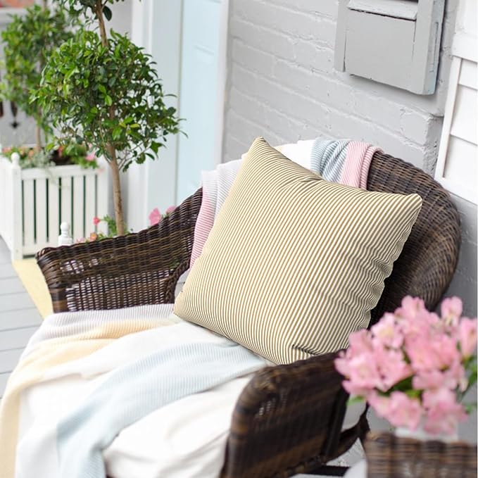 Outdoor Pillows for Patio Furniture 18x18 inch, Square Outdoor Throw Pillows with Inserts, Decorative Toss Pillows for Garden Couch Home Sofa Office Chair, Pack of 2, Stripe Beige