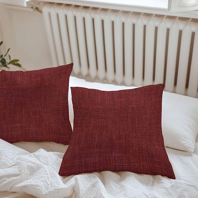 Vandarllin Outdoor Throw Pillows Covers 26x26 inch Set of 2 Waterproof Wine Red Linen Decorative Zippered Cushion Covers for Patio Furniture, Farmhouse Pure Color Lumbar Pillowcases