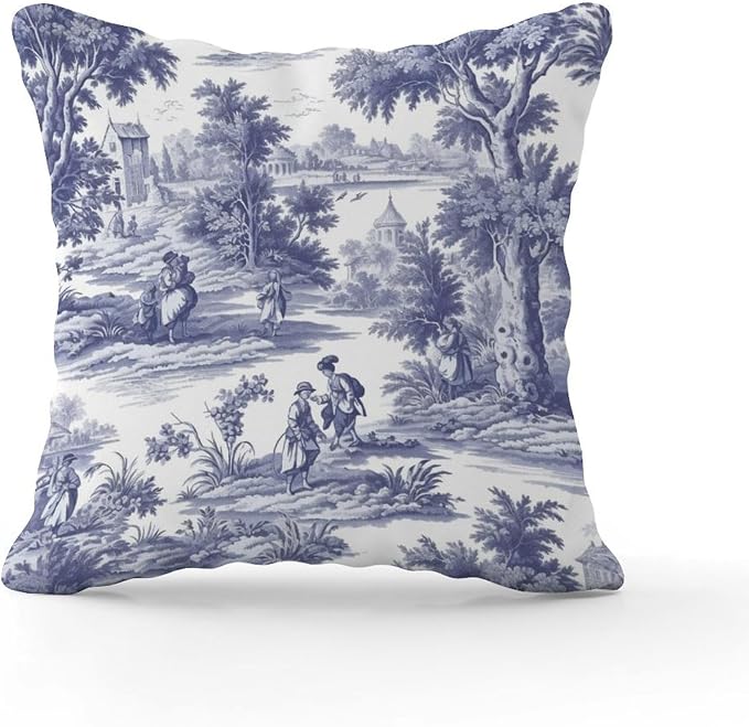 Navy White Blue Decorative Toile Print Pillow Cover French Charmed Life Toile Throw Pillow Cover Abstract Farmhouse Decor Pillow for Patio Garden Couch Tent 26x26 in