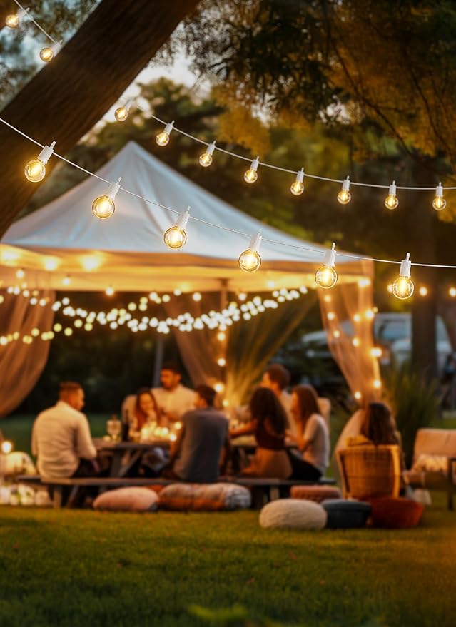 Brightown Outdoor String Lights, 29FT G40 LED IP65 Waterproof Patio Lights | 12 Shatterproof Edison Bulbs, Plug-In, Dimmable, Connectable, Hanging Light for Backyard Porch Party Decorative, White Wire