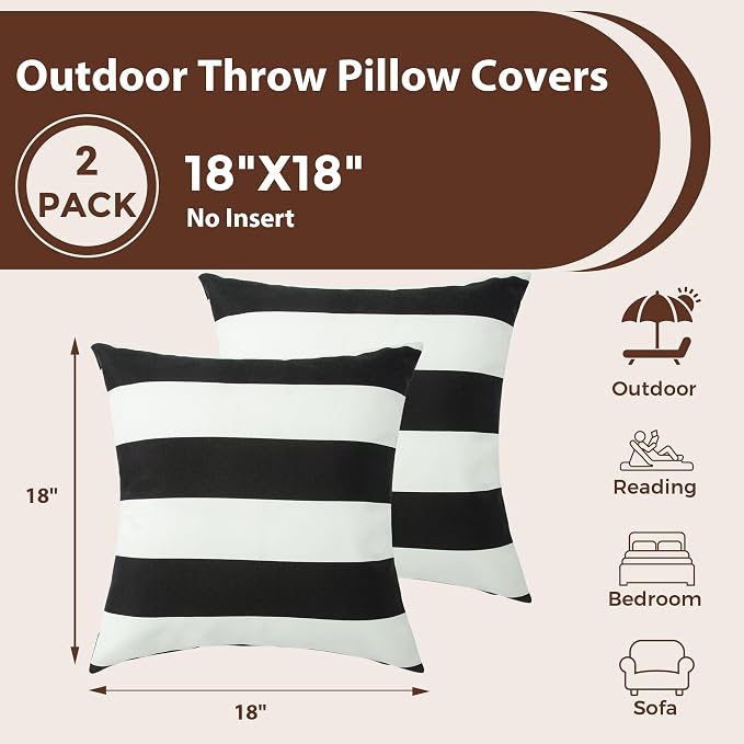 Outdoor Pillow Covers 18x18 Inch Pack of 2, No Insert-Black White Stripe | Square Throw Pillow Covers, Water-Repellent, Modern Pillow Cases for Sofa Patio Couch Decoration