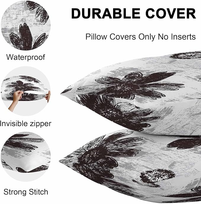 Vandarllin Outdoor Throw Pillows Covers 18x18 inch Set of 2 Waterproof Black Sunflower Decorative Zippered Cushion Covers for Patio Furniture, Floral Field Lumbar Pillowcases