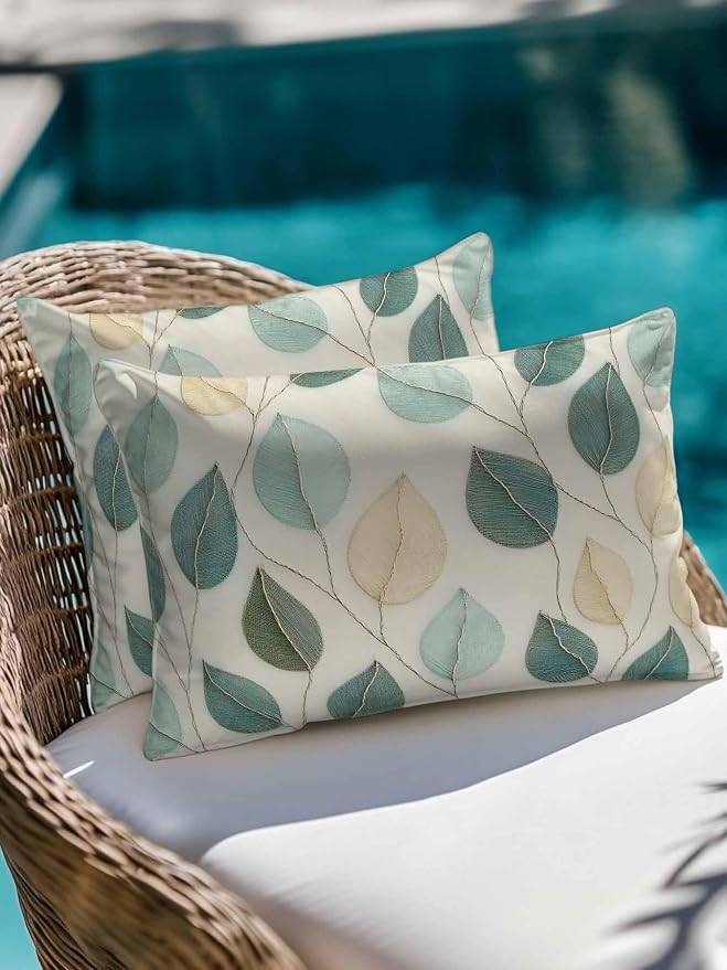 Outdoor Waterproof Throw Pillows Farmhouse Teal Green Leaf Patio Pillows,Decorative Pillow Covers with Insert,Pillow Cushion Case for Garden Couch Sofa Vintage Watercolor Leaves