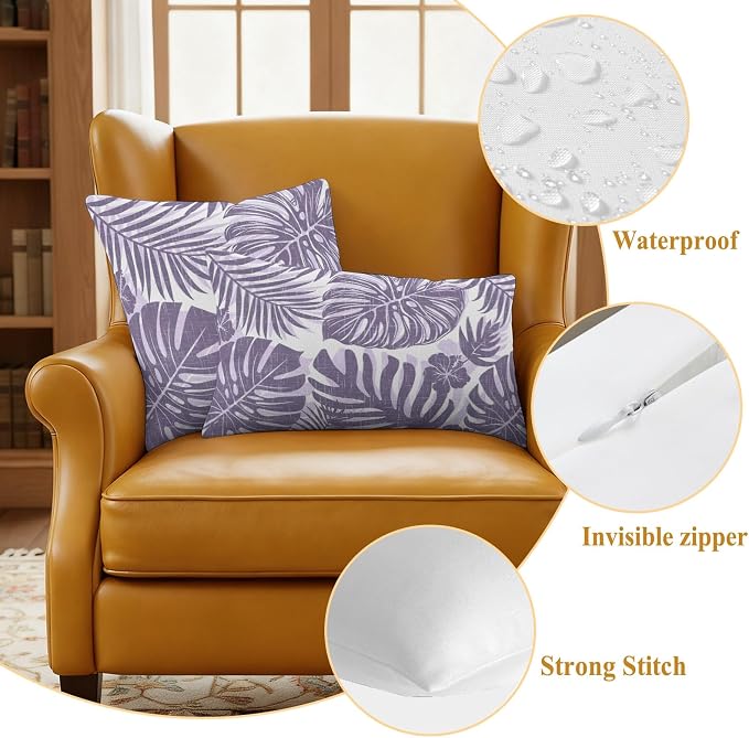 Purple Palm Leaves Outdoor Pillow Covers 20"x12" Set of 2, Tropical Botanical Minimalist Modern Waterproof Throw Pillow Covers for Patio Furniture, Decorative Cushion Covers for Porch