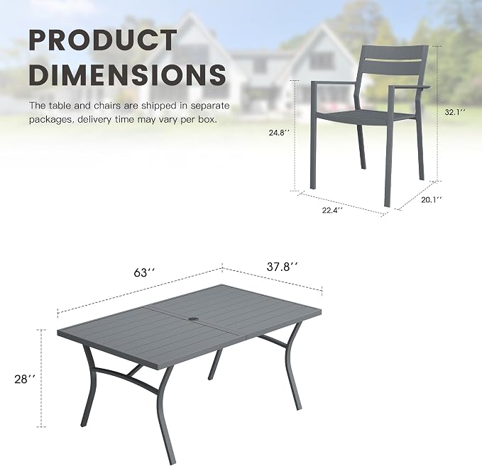7 Pieces Patio Dining Set, 63" Outdoor Dining Table and Chairs Set for 6 Outdoor Furniture with Stackable Patio Chairs for Lawn Garden Backyard, Dark Grey Table and Grey Chairs
