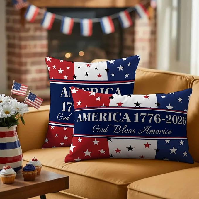 America 250th Anniversary Outdoor Pillow Covers 26"x26" Set of 2, God Bless America Patriotic Star Strip Waterproof Throw Pillow Covers for Patio Furniture, Decorative Cushion Covers for Porch