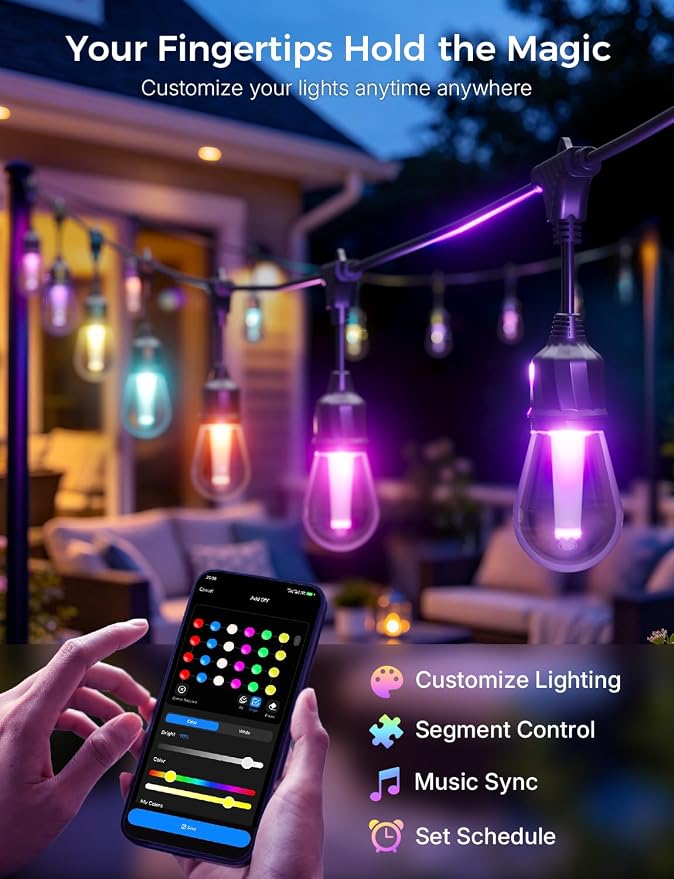 XMCOSY+ Smart Outdoor String Lights 49FT, LED Patio Lights with App Control | DIY Color Changing, RGBCW Dimmable White, Segment Control, Alexa Voice Control, Shatterproof IP65 Waterproof Outside Lights