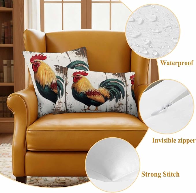 Vintage Rooster Outdoor Waterproof Throw Pillow Covers 16x16 Set of 2, Retro Farmhouse Rooster Watercolor Decorative Pillowcases Cushion Pillowcase for Couch Sofa Patio Outside Pillow Protector