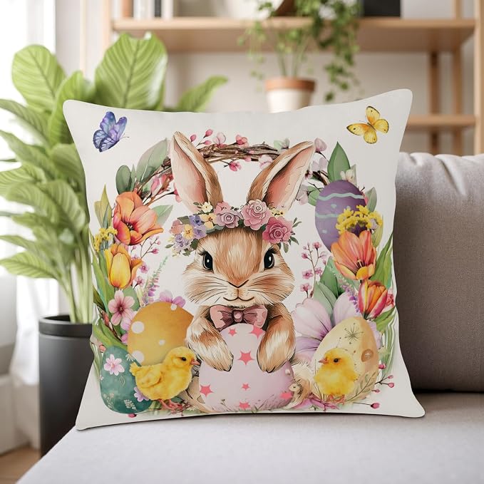 Easter Throw Pillow Covers Spring Floral Wreath Bunny Throw Pillow Covers 16x16 Set of 2 Rabbit with Tulip Flower Pillow Cases Colorful Easter Eggs Cushion Cases for Couch Sofa
