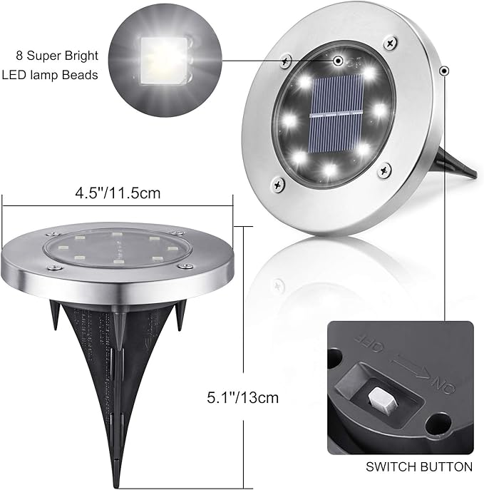 LYHOPE Solar Ground Lights Outdoor, 8 Pack 8 LED Solar Disk Lights Waterproof Garden In-ground Pathway Light Landscape Lighting for Lawn,Yard,Deck,Patio,Walkway (White)